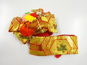 アンティーク　亀甲に牡丹・楓模様織り出し子供用リボン作り帯